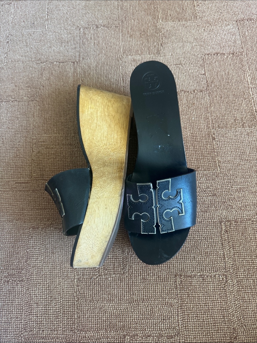 Tory Burch Ines 80 mm Black Leather Logo Slide Wooden Wedge - Picture 7 of 11